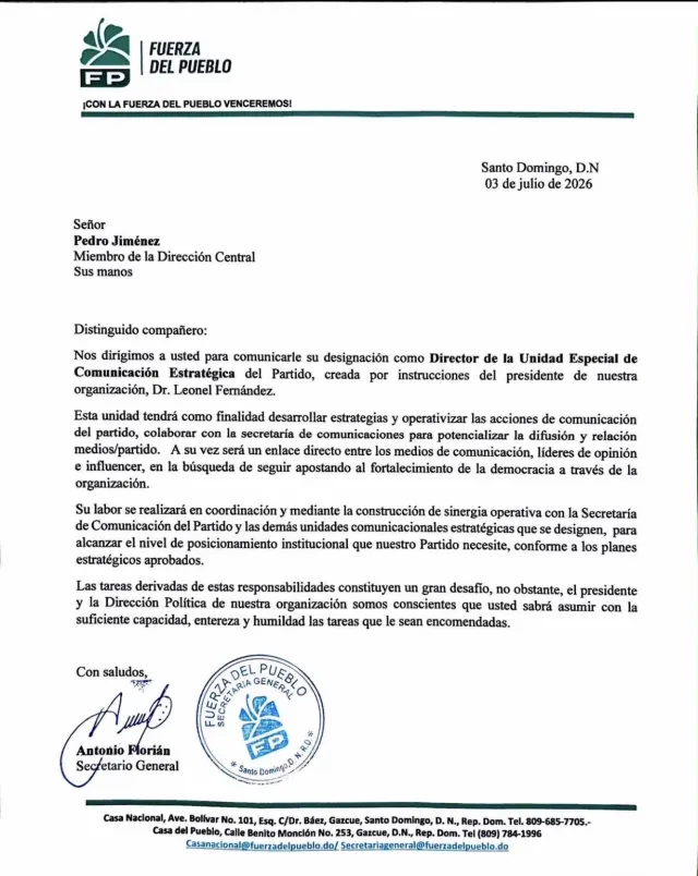 Pedro Jiménez nombrado director de la Unidad Especial de Comunicación Estratégica por Fuerza del Pueblo